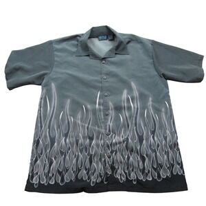 MT2 Mens‎ Short Sleeve Button Up Shirt Flame Print Gray Black Medium